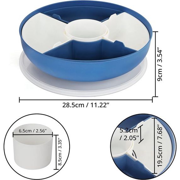 Onderverdeeld snackdienblad rond met deksel, 28,5 cm, 1 dipschaaltje en 4 snackschalen, herbruikbaar kunststof dienblad voor snacks, fruit, noten, snoep en groenten