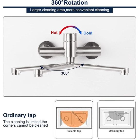 360° draaibare roestvrijstalen waterkraan, keuken, wandarmatuur, koud en warm eengreepsmengkraan, wandmontage, zwenkarm 23 cm, geborsteld