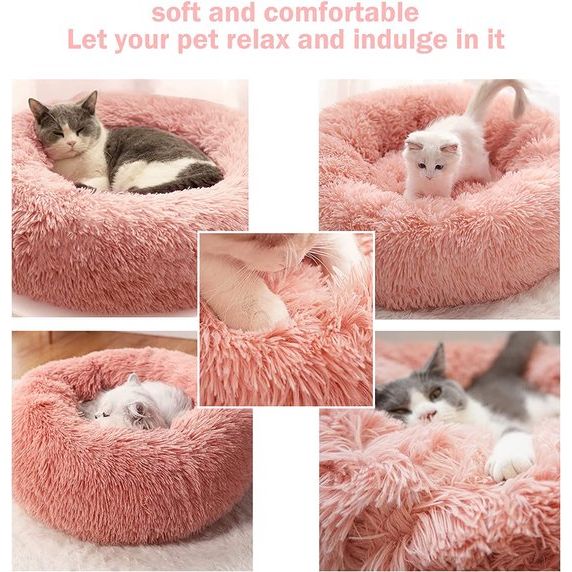 Kattenmand pluizig rond gemaakt van pluche - donut knuffelig hondenkussen hondenmand wasbaar S/M/L/XL/XXL voor kleine, middelgrote en grote honden, katten en andere huisdieren (M-50cm, roze)