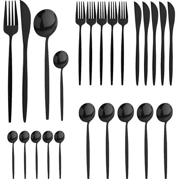 24 stuks bestekset, zwart mat, set voor 6 personen, Cutlery, spiegelgepolijst, vaatwasmachinebestendig, met bestek, messen en vorken, lepelset voor familie, party, hotel, restaurant, zwart mat