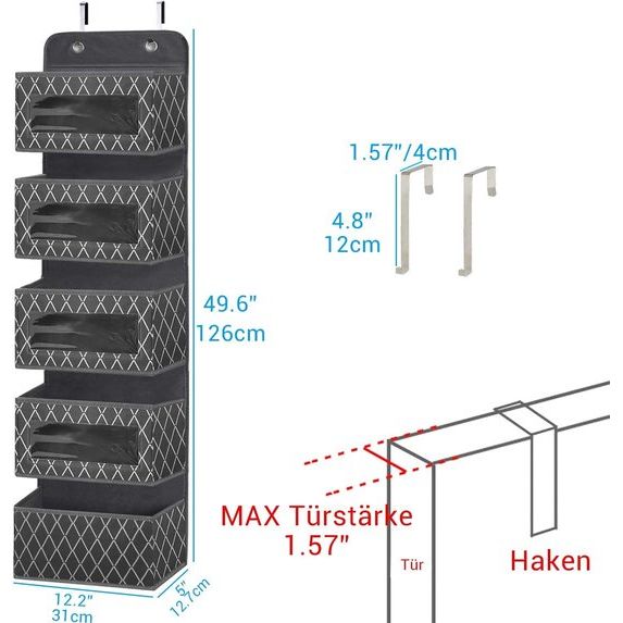 Hangende organizer voor badkamer, deur, hangorganizer met 5 grote vakken met venster en 2 metalen haken, hangrek voor kinderkamer, slaapkamer, kantoor, deur, woonkamer, grijs