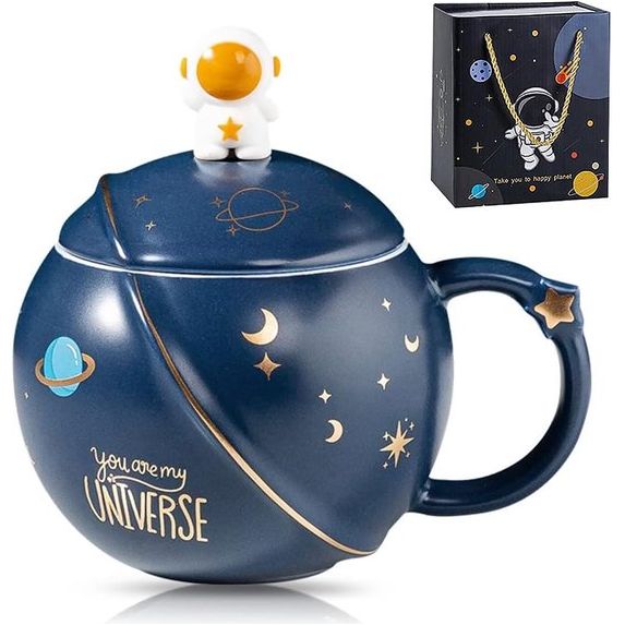 Astronaut mok, zoete koffiemok, porseleinen koffiemok, keramische mok met deksel en lepel, voor koffie, water, thee en melk, grappig cadeau voor verjaardag, Valentijnsdag (donkerblauw)