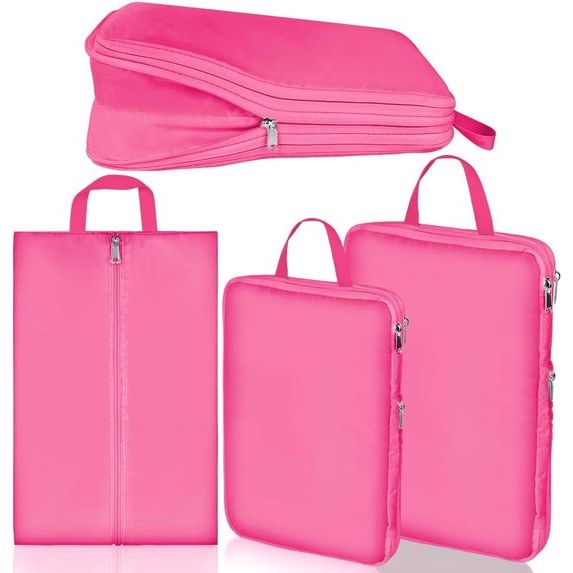 Kofferorganizerset, ultralichte verpakkingstassen met compressie, S, M, L, XL verpakkingsblokjes, compressietas voor kleding en schoenen, kledingtassen als bagage-organizerset, rozerood