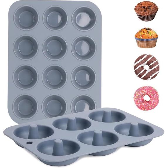 Muffinvorm siliconen voor 12 muffins & 6 donuts bakvorm, siliconen bakvorm 2 stuks, hoogwaardige bakvorm met uitstekende warmtegeleiding BPA-vrij voor cupcakes, brownies, cake, pudding,