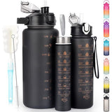 Drinkfles, 3 stuks, 2 l, 700 ml, 300 ml, lekvrij, 2 liter drinkfles met rietje, BPA-vrij, sportfles met tijdmarkering voor fiets, fitness, wandelen, outdoor