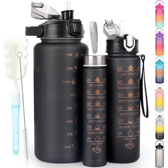 Drinkfles, 3 stuks, 2 l, 700 ml, 300 ml, lekvrij, 2 liter drinkfles met rietje, BPA-vrij, sportfles met tijdmarkering voor fiets, fitness, wandelen, outdoor