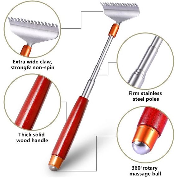 Back Scratcher voor mannen, met massief houten handvat massageroller, extra brede 15-teeth claw robuuste stalen handmassagers, 62 cm