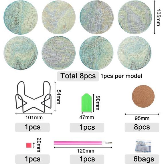 Pakket van 8 diamantschilderijonderzetters met houder, doe-het-zelf diamantkunstonderzetters, 5D Sea Wave diamantschilderonderzetters voor beginners, volwassenen, kinderen