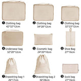 Kofferorganizer, 9-delige set, multifunctionele reis-kledingtassen, waterdicht, pakkubus, compressible voor vakantie, met schoenentas, make-uptas, paktassen, beige