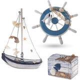 Maritieme badkamer decoratie set van 3 - stuurwiel, zeilschip en schatkist van hout - liefdevol vormgegeven badkameraccessoires met details (design 2-3)