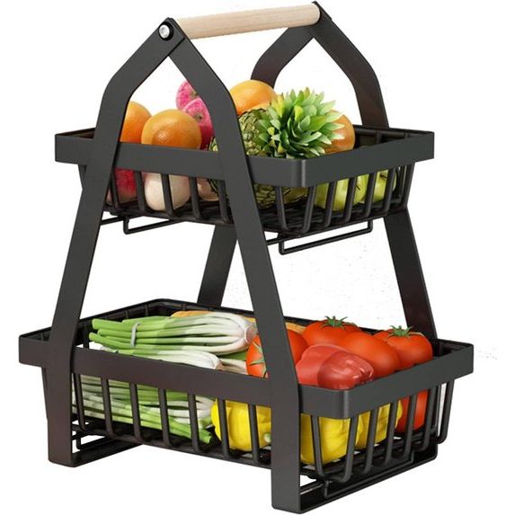 Fruitetagère voor 2 dieren, fruitschaal, fruitschaal, afneembare etagère, fruit, keukenopbergmand, groenterek, fruit, fruit, brood, snackmand (zwart)