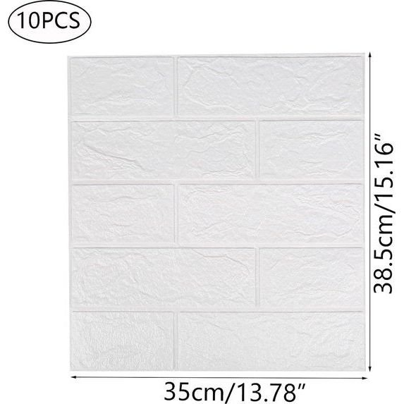 10 stuks 3D zelfklevende ophanging, waterdichte muurstickers, witte baksteen, ophanging, muurophanging, schuim voor slaapkamer, woonkamer, tv-muur, huisdecoratie (38,5 cm x 35 cm)