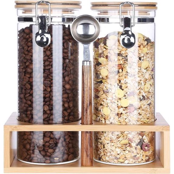 Glazen container met deksel, luchtdichte beugelsluiting, voorraadpotten, borosilicaatglas, voorraaddozen voor koffie, bonen, suiker, muesli, noten, koekjes, bewaren, 1500 ml, 2 stuks bamboe rek en lepel