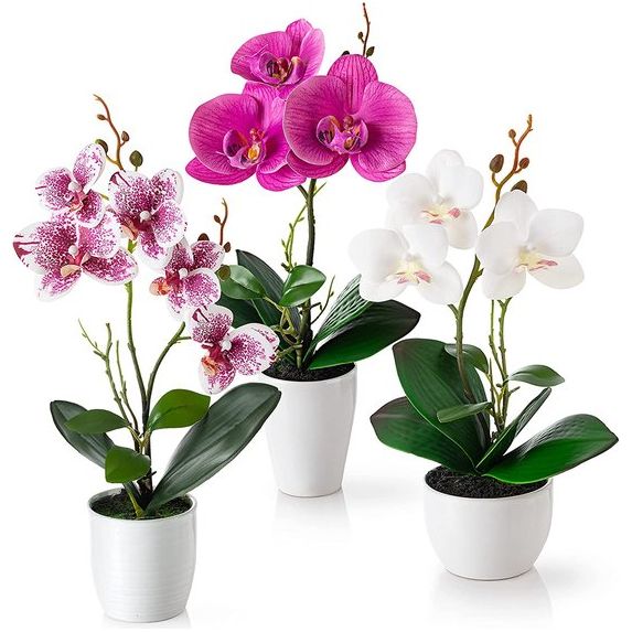 Kunstbloemen in potten: set van 3 orchideeën, kunstmatig op elkaar afgestemd arrangement in hoogglans keramische potten - hoogte 35 cm, kunstbloemen, kunstorchideeën (wit-roze)