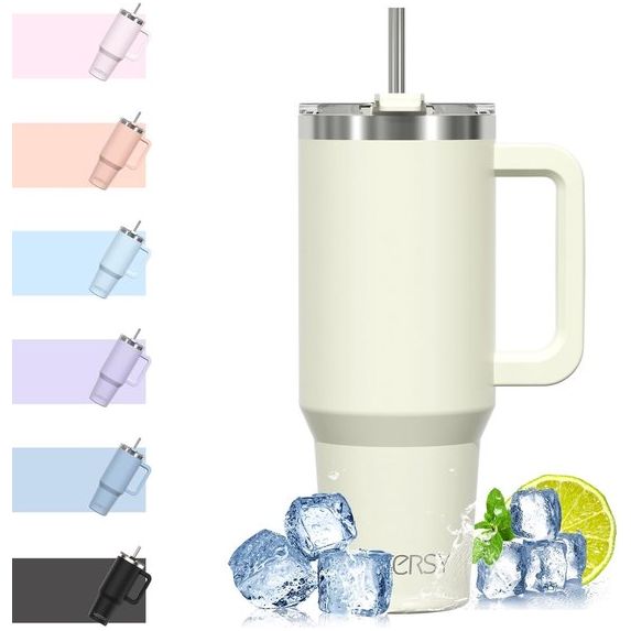 Koffiebeker om mee te nemen, dubbelwandig, roestvrij staal, vacuüm, lekvrij, met handvat en rietje, draagbare autobeker, thermobeker, beige voor koude warme dranken, beige