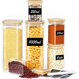 Set van 6 voorraadpotten met deksel, rechthoekig, 1000 ml/280 ml/220 ml, glazen voorraadpotten, kruidenpotjes met houten deksel, opbergpotten voor specerijen, pasta, meel, cornflakes