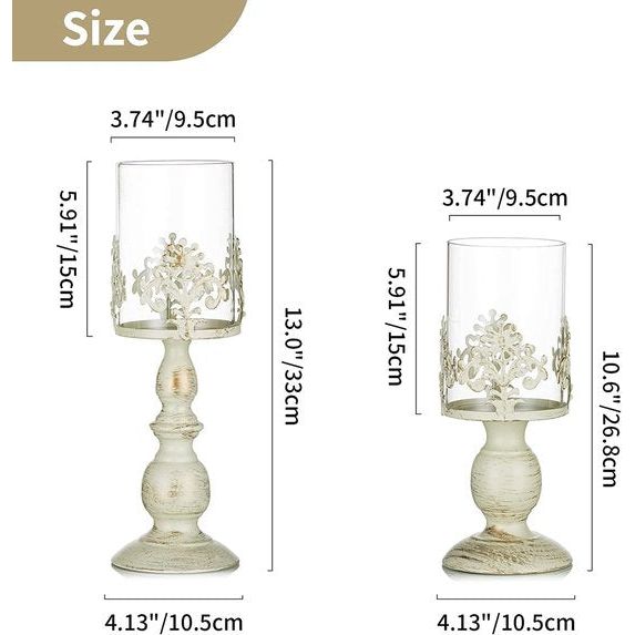 Nuptio Vintage Kandelaars voor Tafels Pijler Kandelaar met Glazen Schermafdekking, Antieke Orkaan Kandelaar Display voor Thuis Bruiloftsfeest Kaarslicht Diner Decoratie, 2 Stuks
