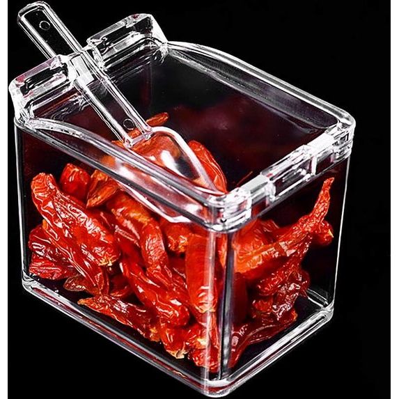 Set van 4 kruidenpotjes met lepels en afdekkingen, kruidenpotjes, keukengerei, transparant