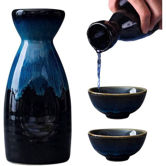 Kungfu Thee, 3 stuks keramische bekers, blauwe sake set, porseleinen bakje voor thuis hete of koude sake