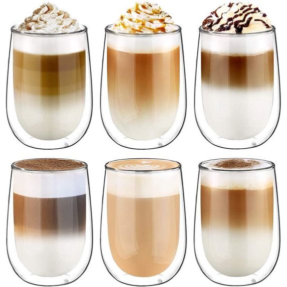 350 ml dubbelwandige latte macchiato-glazen, set van 6 koffiekopjes voor cappuccino, latte, thee, ijsthee, Iced Americano, melk, sap, bier