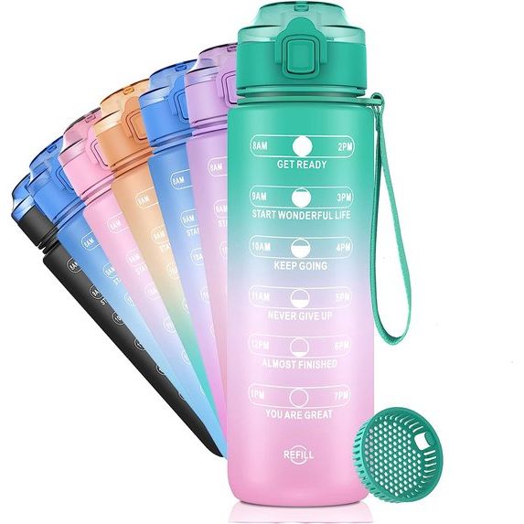 Sportdrankfles, 1 liter, Tritan, BPA-vrij, 1 liter, sportfles met fruitfilter en tijdstempel, 1000 ml waterfles met scharnierend deksel, lekvrij, voor fiets, yoga, kinderen (groen-paars)