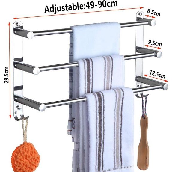 Handdoekhouder, chroom, roestvrij staal, met haken, intrekbaar, 49-90 cm, handdoekstang, badkamer, wandmontage, handdoekhouder voor badkamer, keuken, toilet, hotelhanddoekhouder
