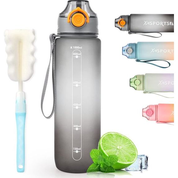 1 liter drinkfles, sportdrinkfles, 1 l, waterfles met afsluitdeksel en lekvrij, BPA-vrij Tritan, voor sportschool, school, fietsen, outdoor, sport, fitness en kantoor