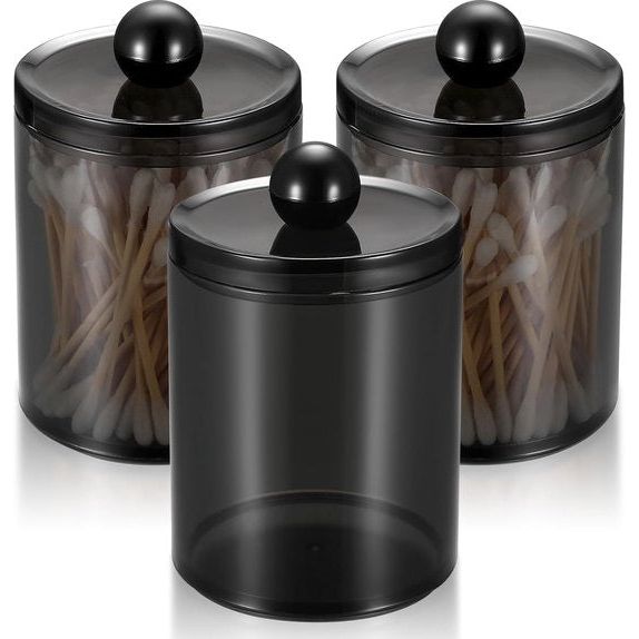 Cosmetische organizer, 3 stuks wattenstaafjeshouder, zwarte apothekerspotten voor de badkamer, voor wattenbolletjes, wattenstaafjes, ronde wattenschijfjes, tandzijde, make-upsponsen, haarclips