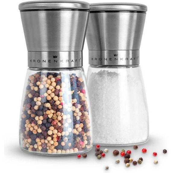 Zout - en Pepermolen Set, Pepermolen, glazen Zoutmolen met Verstelbare Keramische maal, roestvrij staal, kruidenmolen voor kruiden, peper, zout en Chili