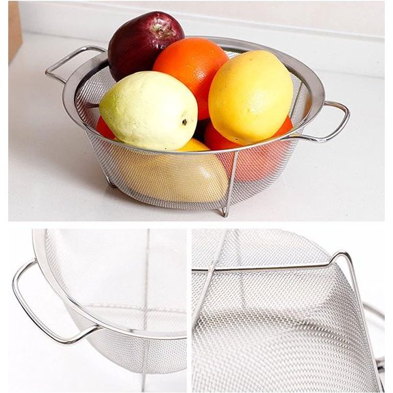 Keukenzeef, zeefmand, roestvrij staal, fijnnetzeef, keukenzeef, saladezeef met poten en brede rand en duurzame handgrepen voor het zeven, spoelen, braden, stomen of koken van groentepasta