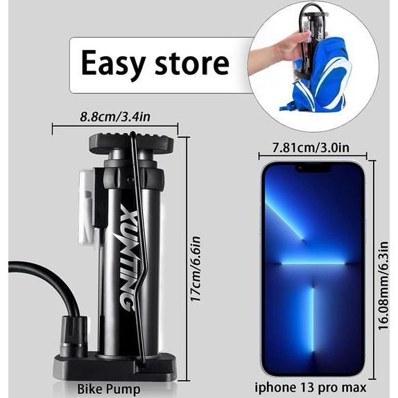 Fietspomp, draagbare voetpompen voor alle ventielen, AV/DV/SV, staande pomp, geschikt voor MTB, trekkingfietsen, stadsfietsen en kinderfietsen, voor ballen, zwemring en luchtmatras