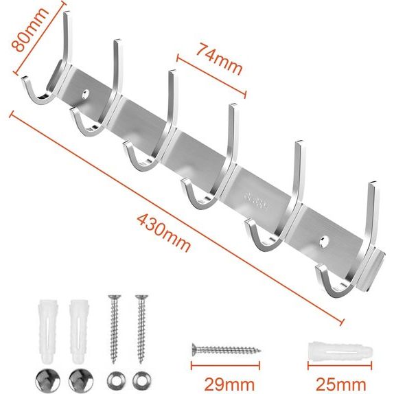 Haaklijst garderobe SUS304 roestvrij staal modern, kledinghakenlijst muur geborstelde look dubbele haken, jashaken kledinghaken met 6 haken, kledinghaken voor keuken, slaapkamer, kantoor