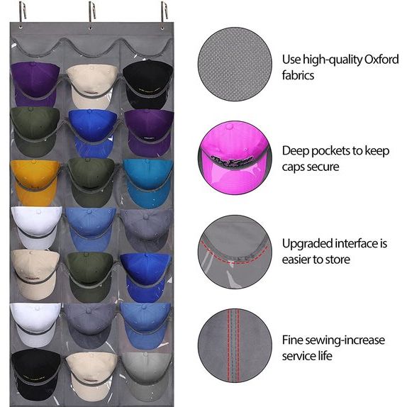 Baseball pethouder organizer hangt achter de deur, pethouder met transparante diepe vakken, hoedenhanger met 24 vakken, hoedenopbergtas met metalen haken (donkergrijs)