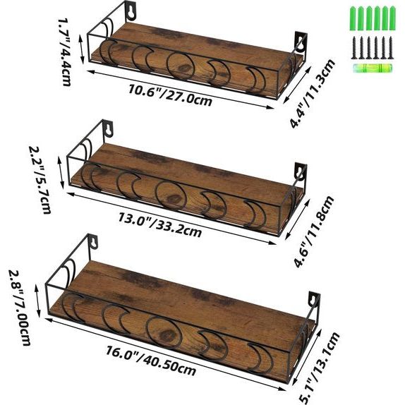 Wandrek, set van 3, zwevende houten planken met maanfase-metalen decoratie, ideaal voor keuken, badkamer, kantoor en woonkamer, praktische opslag en stijlvolle decoratie