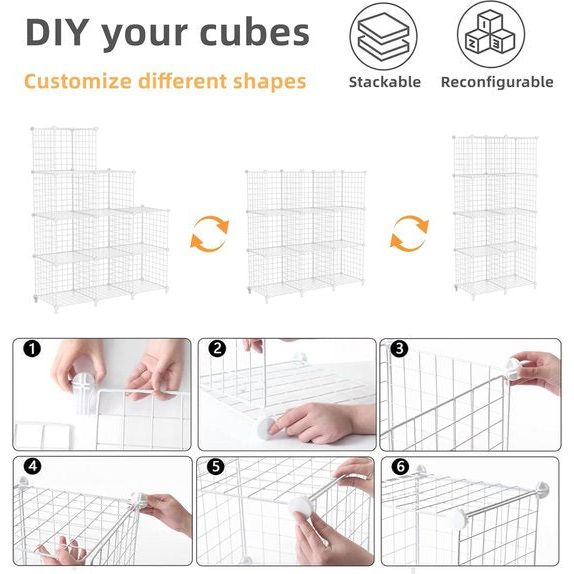 Plank 9 Plank Draadkubus Stapelbare Plankkubus DIY Metaalgaas Plank Kubus Boekenplank Kubusplank met deuren voor woonkamer, slaapkamer, badkamer Wit