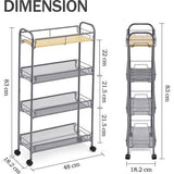 Keukenwagen met 4 niveaus - smalle rolwagen, nisrek op wieltjes - ruimtebesparend keukenrek en badkamerrek, multifunctionele trolley voor kleine beperkte ruimtes, keuken, kantoor en badkamer, eenvoudige montage - Grijs