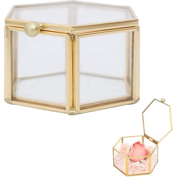 Sieradendoosje van glas, juwelendoos van metaal en glas, geometrisch glazen terrariumbox, voor het bewaren en presenteren van ringen, oorbellen en bloemen