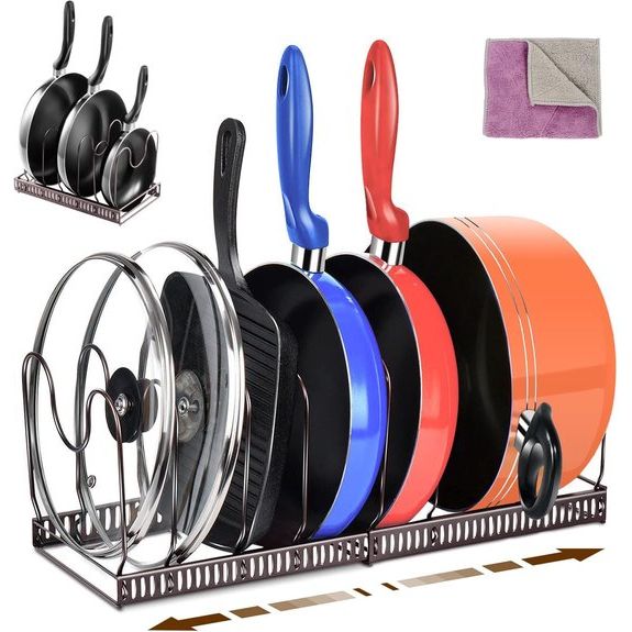 Potdekselhouder, pannenhouder voor kast met 7 verstelbare vakken, antislip keukenpannenorganizer, dekselhouderlade, voor potten, pannen, serviesset - met 1 schoonmaakdoekje