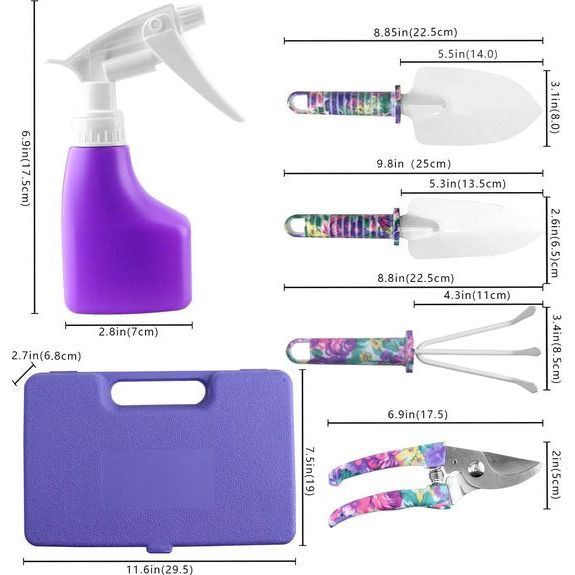 6-delige tuingereedschapsset, tuinwerkset met ergonomische greep en paarse bloemenprint, plantengereedschapsset voor tuinliefhebbers in de open lucht