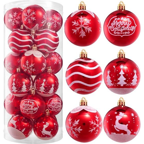 Pakket van 24 kerstbalornamenten, luxe onbreekbare kerstversieringen voor feestdagen, feestdecoraties, boomversieringen en speciale gelegenheden (rood en wit, 6 cm)