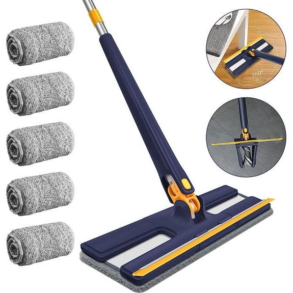 dweilmop set 360° draaibare verstelbare reinigingsmop met 5 vervangende koppen, microvezel, push-pull-uitwringfunctie voor vloer, plafond, muur, raam, nat en droog (Blue+)