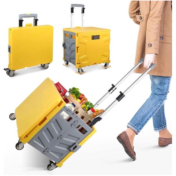 Boodschappentrolley inklapbaar, transporttrolley, tot 50 kg, 50 l kist, boodschappenmand met deksel, uittrekbare aluminium uittrekgreep, 4 360° draaibare rubberen wielen, 100 x 41 x 35 cm (geelgrijs)
