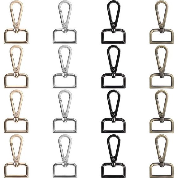 Verschillende metalen karabijnhaken, sleutelhangers, haken met D-ring (verpakking van 16 stuks), 26 mm breed, draaibare karabijnhaak, klein, karabijnhaak voor sieraden, handtassen,