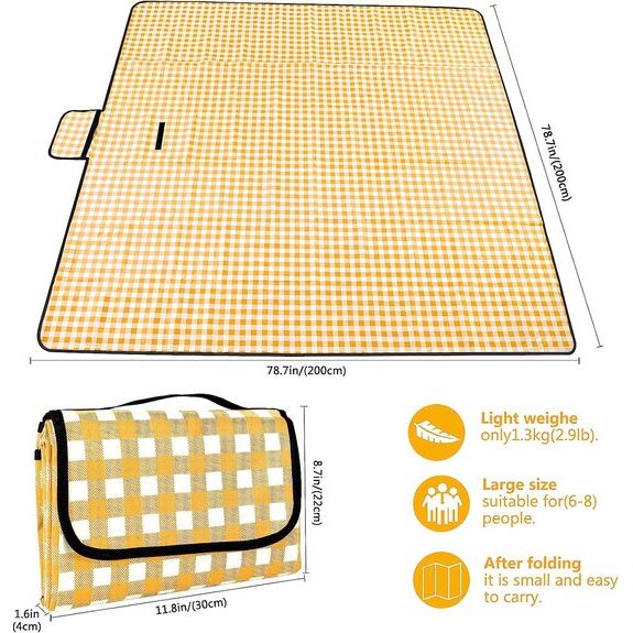 Picknickdeken 200cm x 200cm waterdichte stranddeken picknickmat wasbaar lichtgewicht met handvat geel geruit voor wandelen reizen camping parken