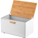 Bread Bin Including Set of 3 Storage Containers Cube I Bread Box Made of Steel and Bamboo Lid I Spacious and Modern Bread Container I 3 Storage Jars for Coffee Tea Sugar I Colour: White