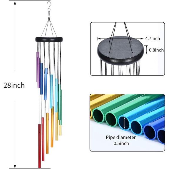 Windgong voor buiten, 72 cm Memorial windgong met haken, 14 kleuren aluminiumlegering buizen (regenboogkleuren)