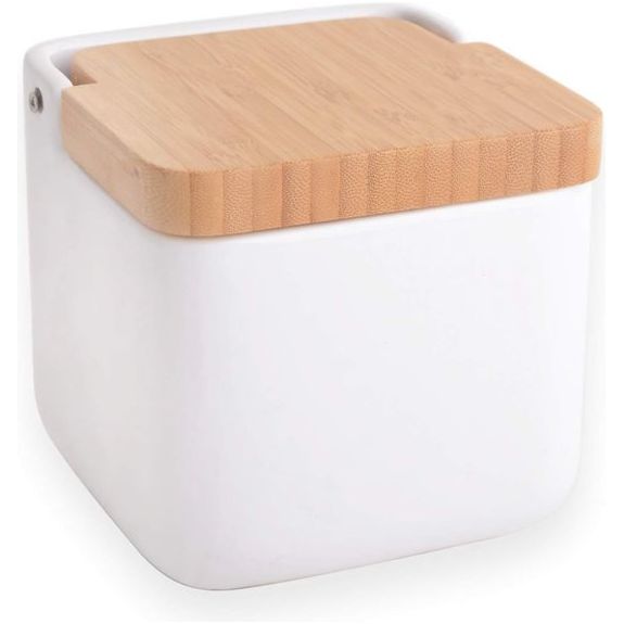 Zoutpot keramiek met klapdeksel van milieuvriendelijk bamboe - praktische zoutpot en zoutcontainer voor de keuken, zoutvat keramiek met deksel, ideaal als zoutpot - wit