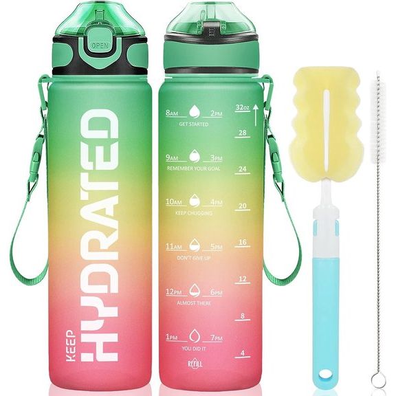 Drinkfles, 1 liter sportdrinkfles met rietje en tijdmarkering, BPA-vrij, lekvrij, 1000 ml waterfles met 2 reinigingsgereedschappen, geschikt voor outdoor, wandelen, school