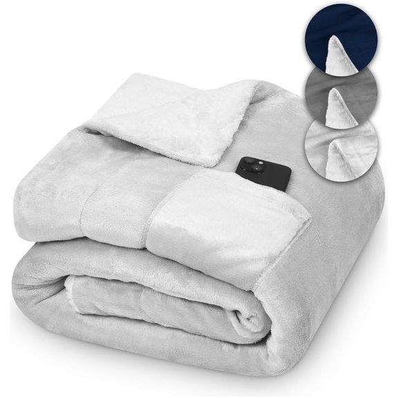 knuffeldeken 150 x 200 cm, wollig grijs, Sherpa dagdeken voor woonkamer, bank, bed, bankdeken, 150 x 200 cm, met telefoonvak en hygiënebescherming, grote, dikke en warme woondeken voor de winter