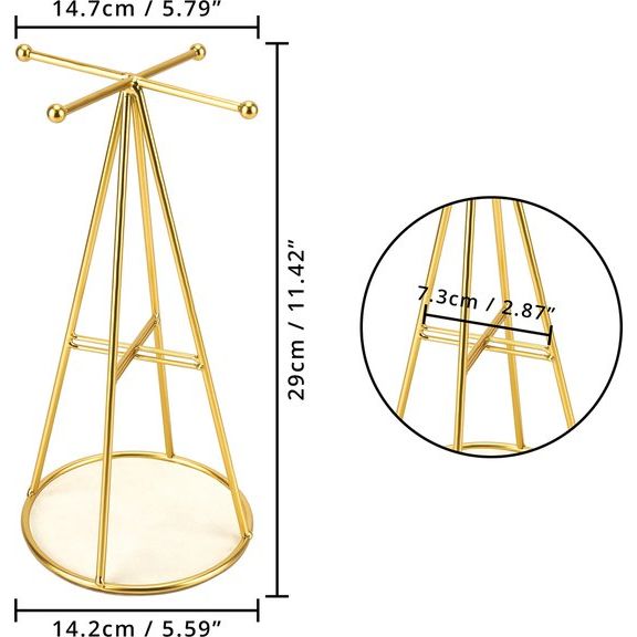 Belle Vous Gouden Pyramide Sieraden Houder Display Standaard met Ronde Basis - H29 cm - Hangende Organizer Boom/Toren - Metalen Opslag Rek voor Kettingen, Armbanden, Ringen & Oorbellen